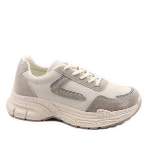 Ladies Chunky Lace Up Sneaker - Beige/Grey