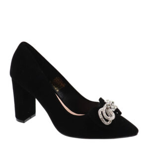 Ladies Block Heel Court With Bow Embellishment - Black