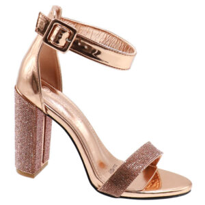 Ladies Ankle Strap Glitter Block Heel Sandal - Rose Gold