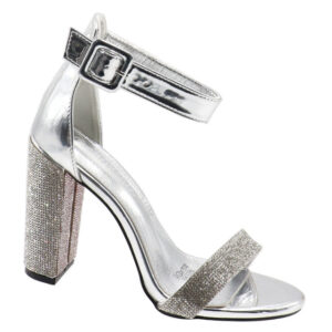 Ladies Ankle Strap Glitter Block Heel Sandal - Silver