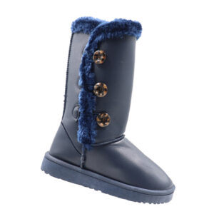 Ladies Long Pu Boot With Button Detail - Navy