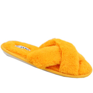 Jada Ladies Cross Over Fur Slippers Yellow