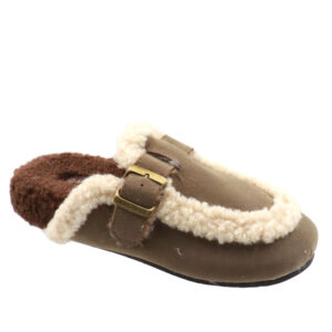 Ladies Furry Slip Mule - Khaki