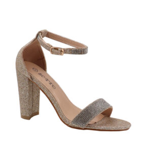Ladies Open Toe Diamante Ankle Strap One Band Block Heel Sandal - Gold
