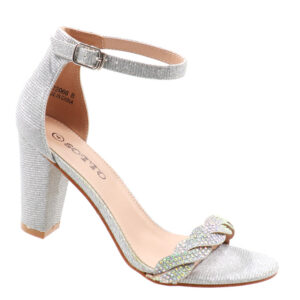 Ladies Plaited Shimmer Strap Block Heel Sandal - Silver