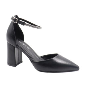 Ladies Pu Diamante Trim Ankle Strap Block Heel - Black
