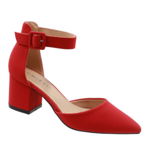 Ladies Ankle Strap Low Block Heel - Red