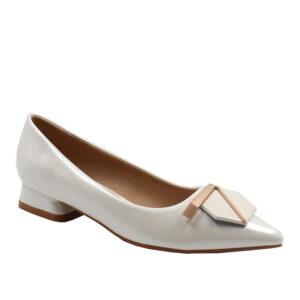 Ladies Low Block Heel Pointy Court - White