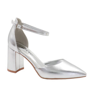 Ladies Pu Ankle Strap Block Heel - Silver