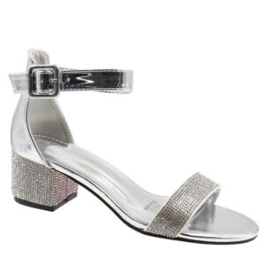 Ladies Ankle Strap Low Block Heel - Silver